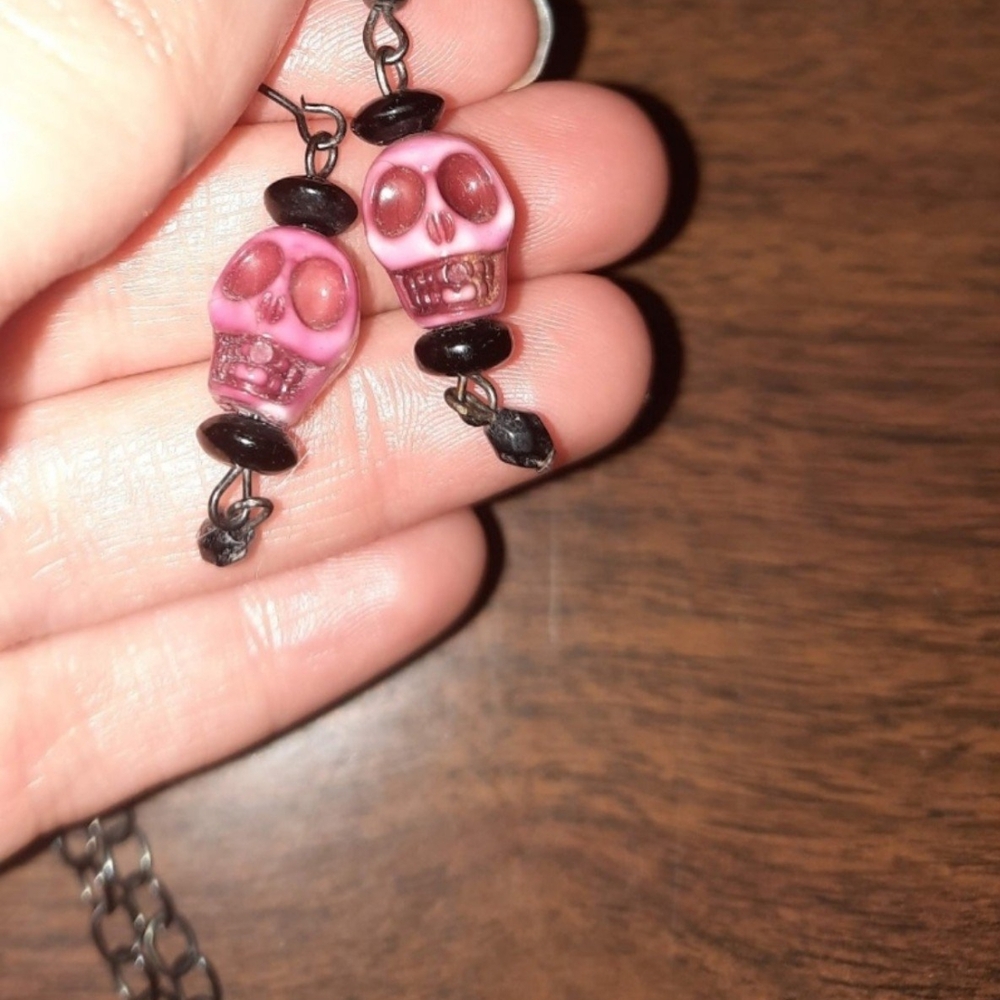 Pink Skull Earrings & Necklace Set